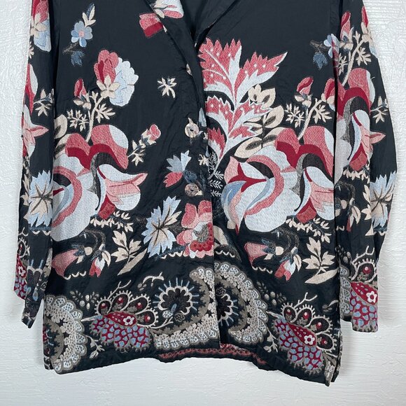 Citron Santa Monica Women XL Black Cream Pink Embroidered Floral Silk Jacket - Picture 2 of 9